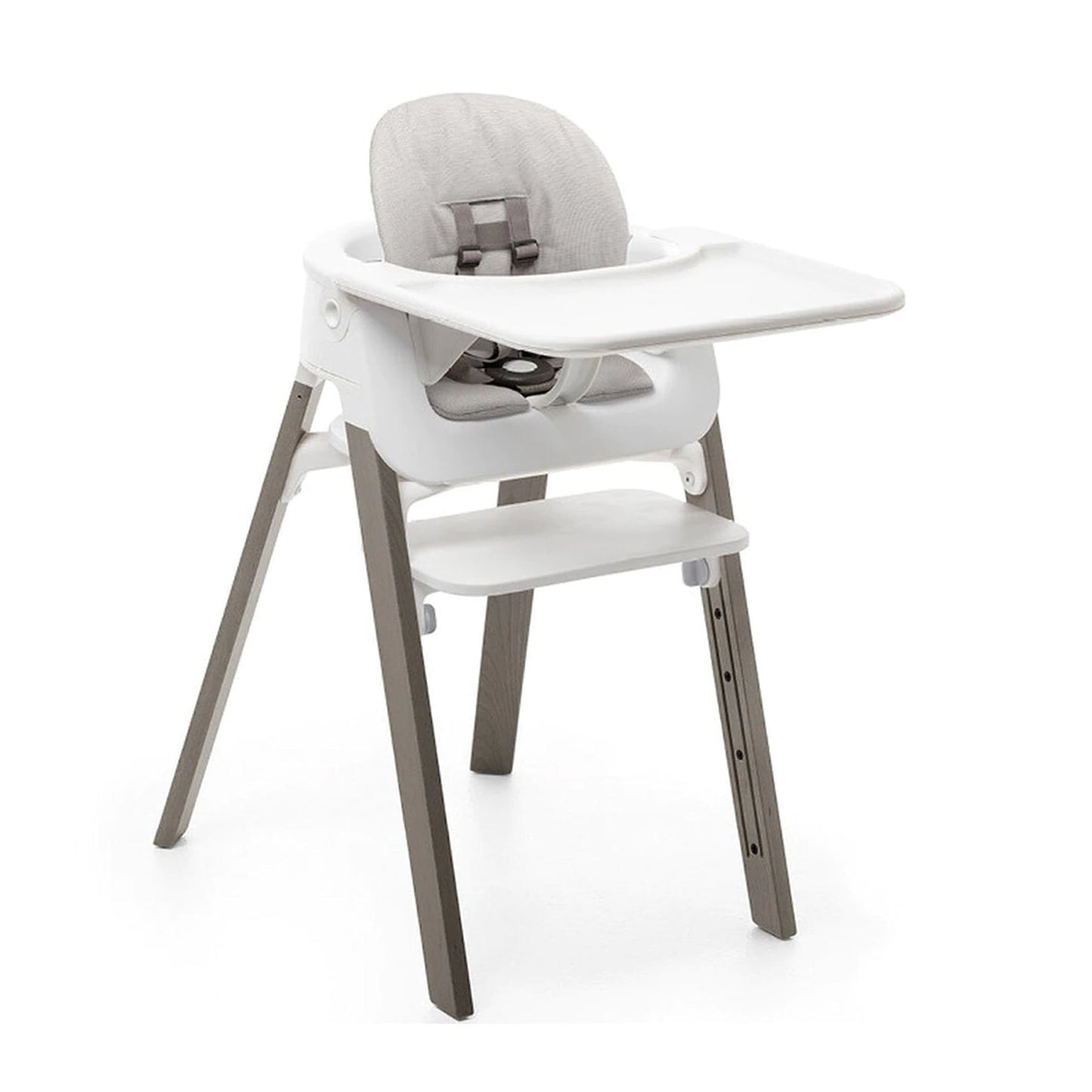 STOKKE Steps High Chair Complete - Hazy Grey Legs / White Seat / White Babyset / Wihte Tray / Grey Cushion