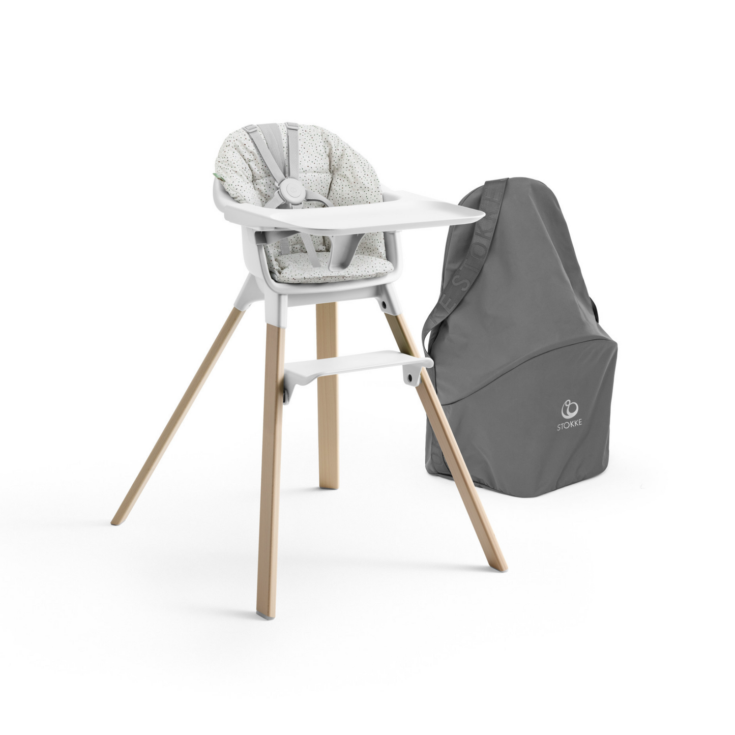 STOKKE Clikk High Chair Complete with Cushion and Travel Bag - White with Grey Sprinkle