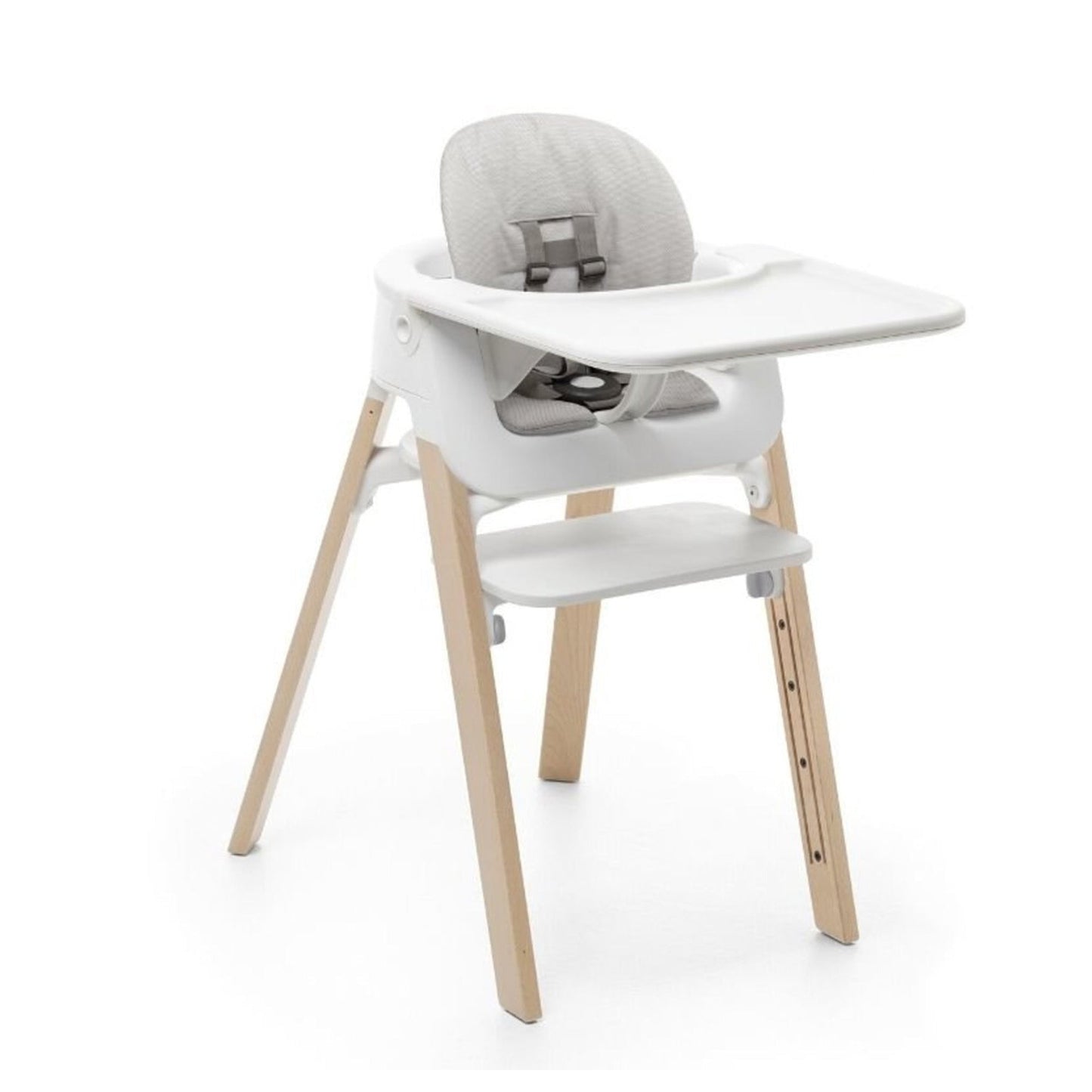 STOKKE Steps High Chair Complete - Natural Legs / White Seat / White Babyset / Wihte Tray / Grey Cushion